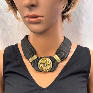 Vintage leather gold gilt medallion choker
